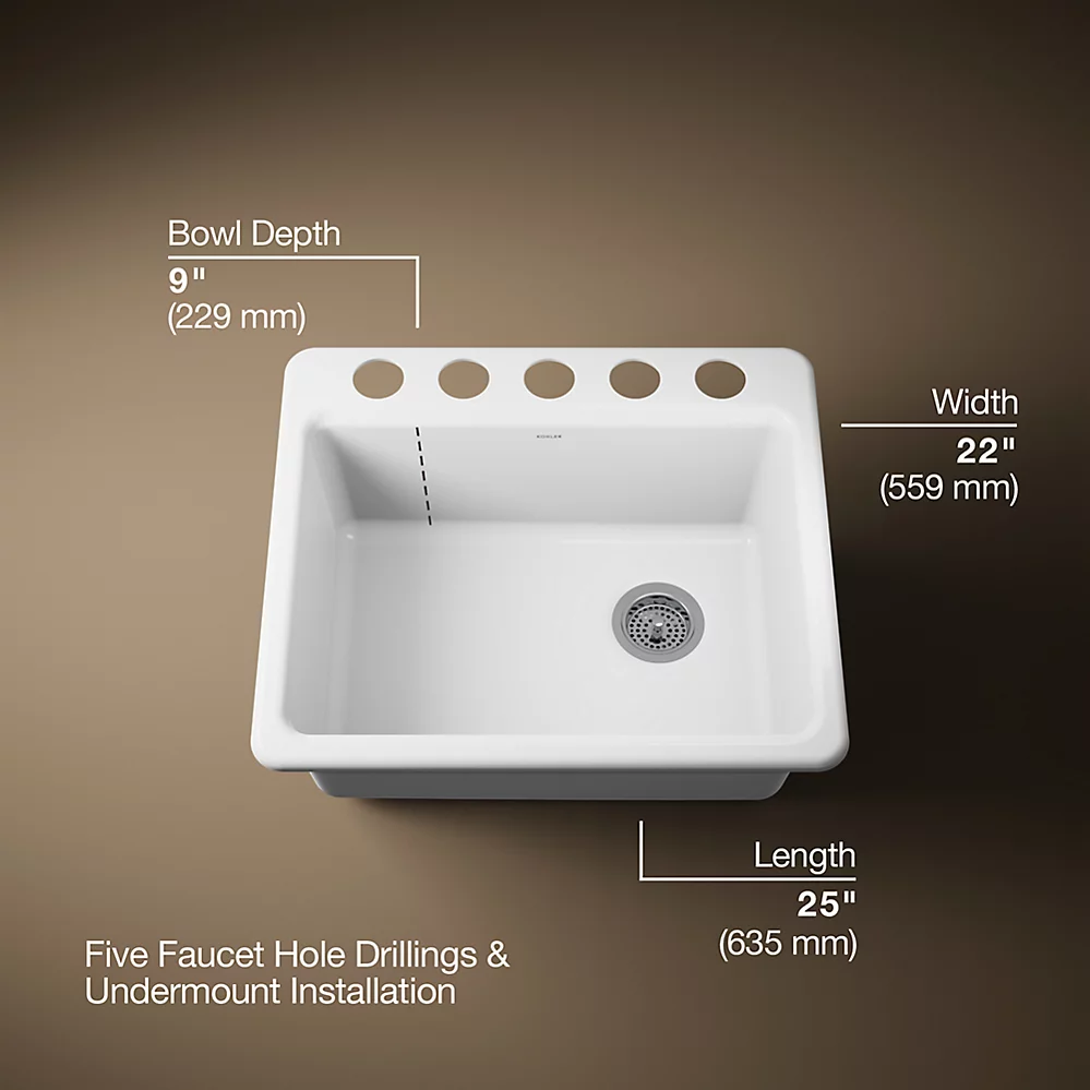 Kohler 5872-5UA1-0 Riverby 25 X 22 X 9-5/8 Undermount Single-Bowl Kitchen Sink With Sink Rack 1