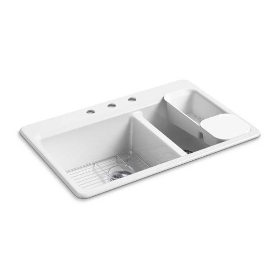 Kohler 8669-3A2-0 Riverby 33 X 22 X 9-5/8 Top-Mount Large/Medium Double-Bowl Kitchen Sink With Accessories And 3 Faucet Holes 1