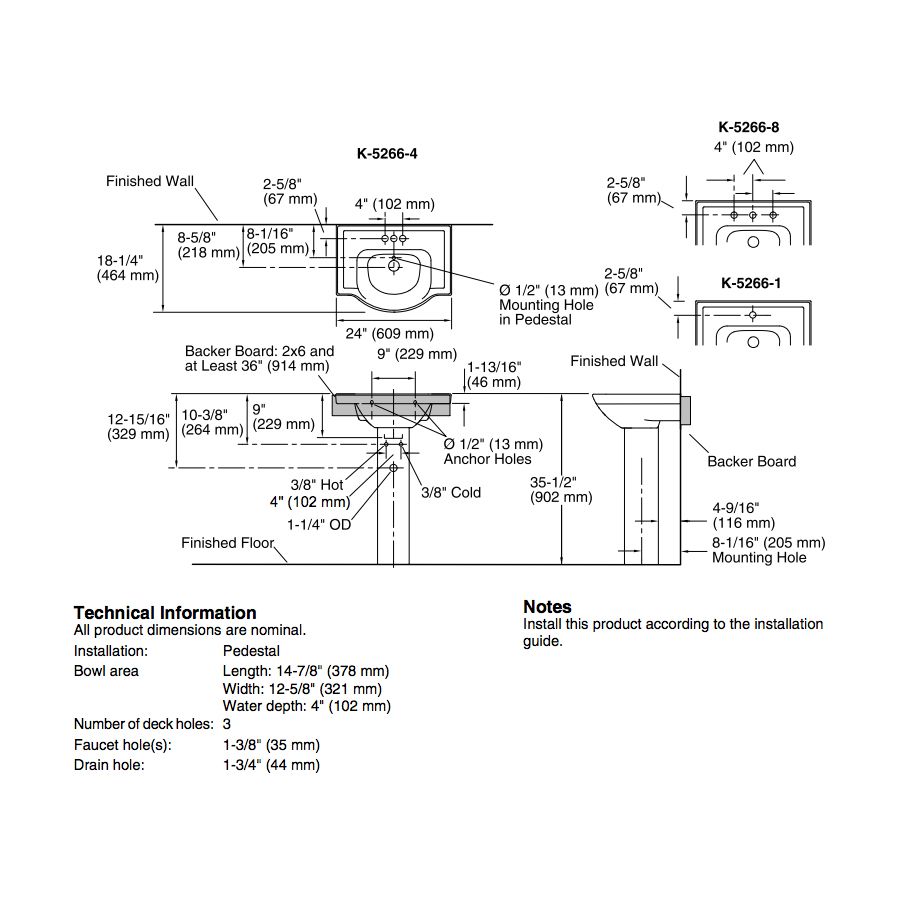 Kohler 5266-8-0 Veer 24 Pedestal Bathroom Sink With 8 Widespread Faucet Holes 2