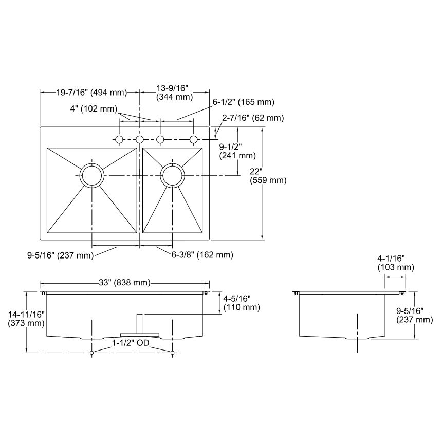 Kohler K3839 Vault 33 x 22 Smart Divide Double Kitchen Sink 4 Faucet Holes 2