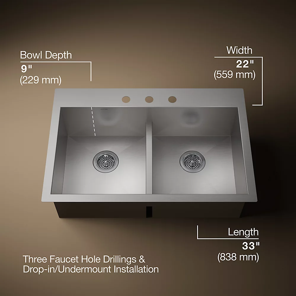 Kohler K3838 Vault 33 x 22 Smart Divide Double Equal Kitchen Sink 3 Faucet Holes 1