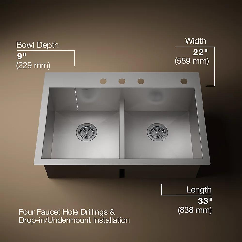 Kohler K3838 Vault 33 x 22 Smart Divide Double Equal Kitchen Sink 4 Faucet Holes 1