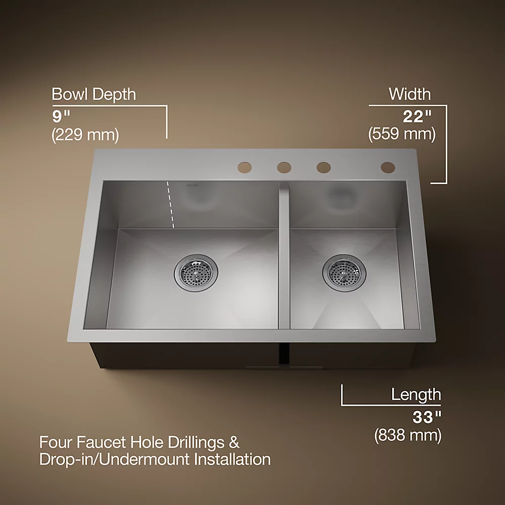 Kohler K3823 Vault 33 x 22 Double Kitchen Sink 4 Faucet Holes 1