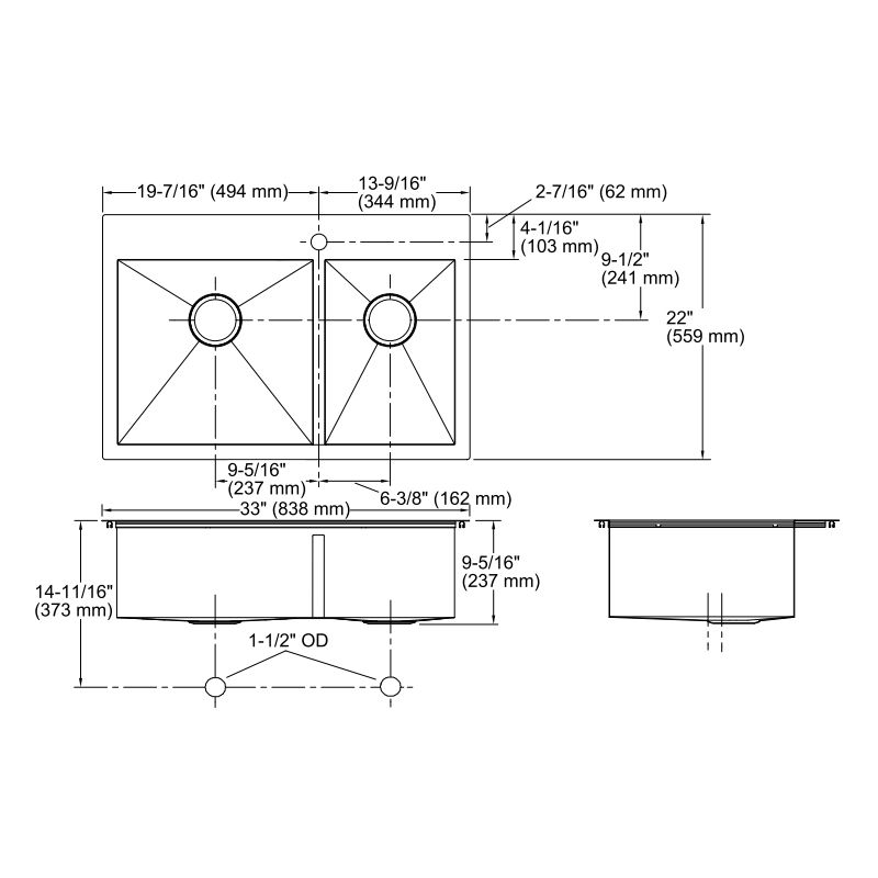 Kohler K3823 Vault 33 x 22 Double Kitchen Sink Single Faucet Hole 2