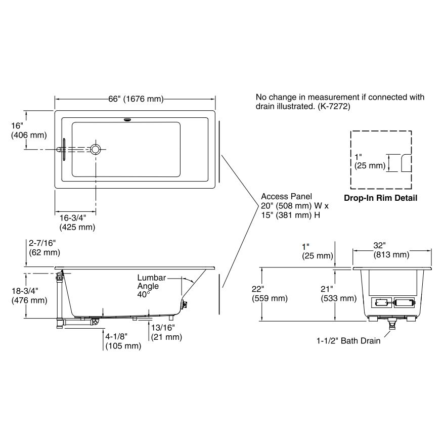 Kohler 1821-W1-0 Underscore 66 X 32 Drop-In Bath With Bask Heated Surface And End Drain 2