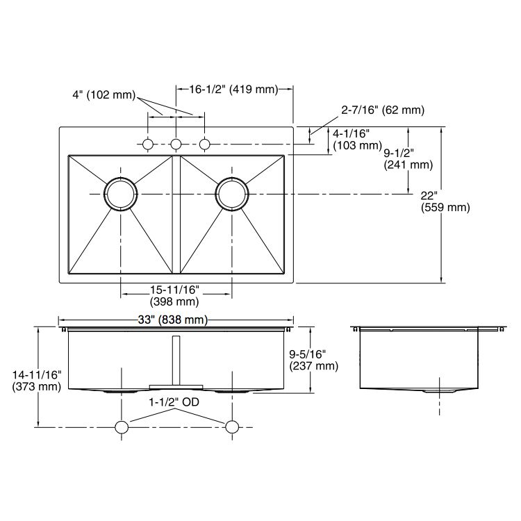 Kohler K3820 Vault 33 x 22 Double Kitchen Sink 3 Faucet Holes 2