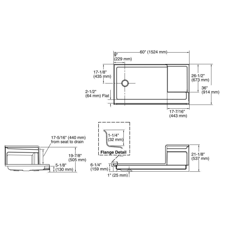 Kohler 1979-0 Tresham 60 X 36 Receptor With Integral Seat And Left-Hand Drain 2