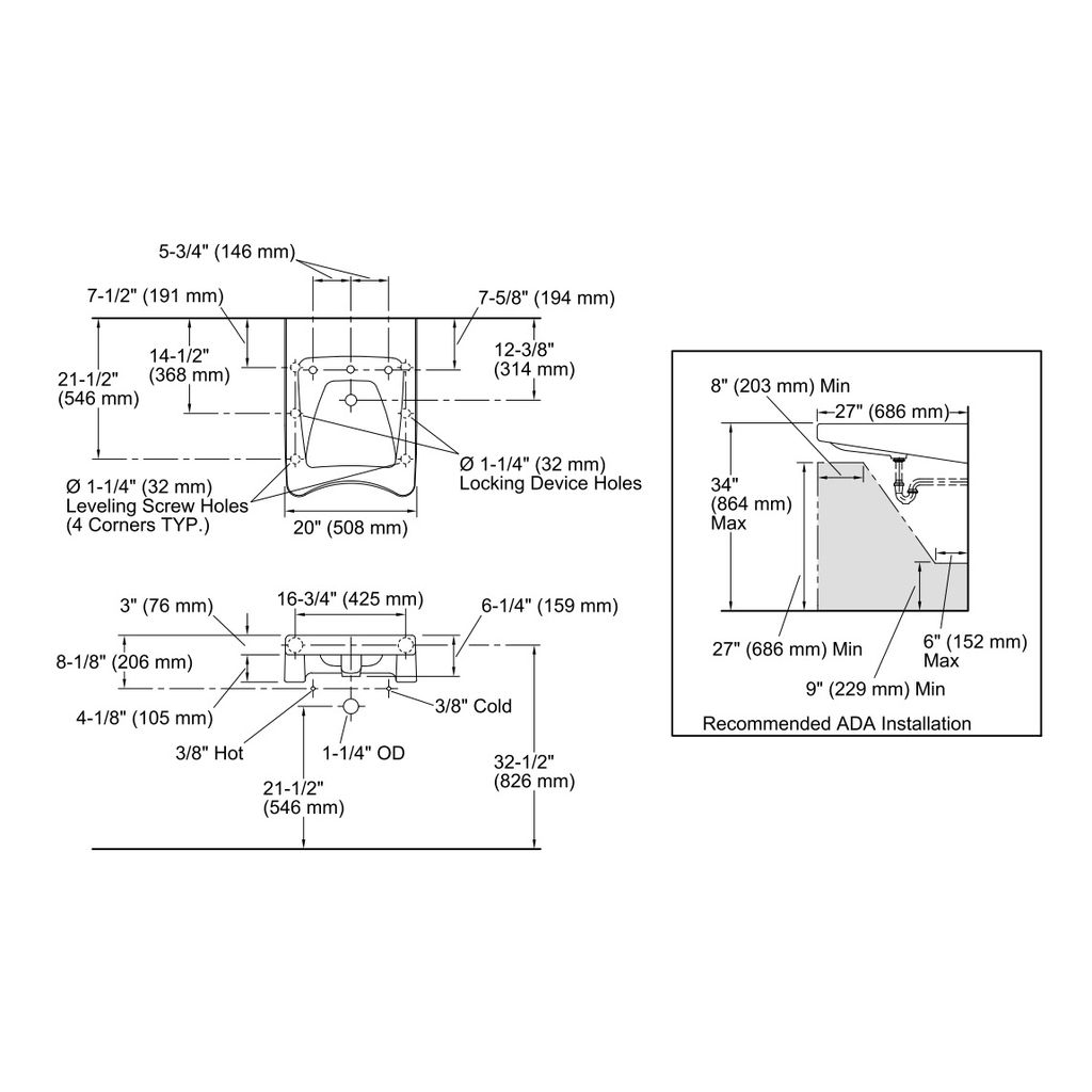 Kohler 12634-0 Morningside 20 X 27 Mounted/Concealed Arm Carrier Wheelchair Bathroom Sink With 11-1/2 Centers Faucet Holes 2