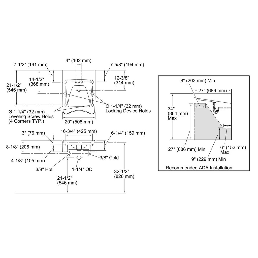 Kohler 12636-R-0 Morningside 20 X 27 Wall-Mount/Concealed Arm Carrier Wheelchair Bathroom Sink With 4 Centerset Faucet Holes And Right-Hand Soap Dispenser Hole 2
