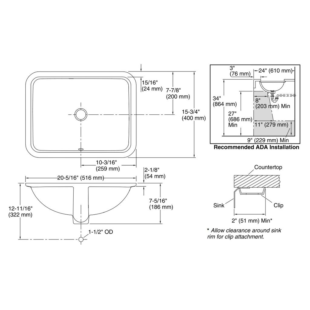 Kohler 20000-96 Caxton Rectangle Under-Mount Bathroom Sink With Overflow And Clamp Assembly 2