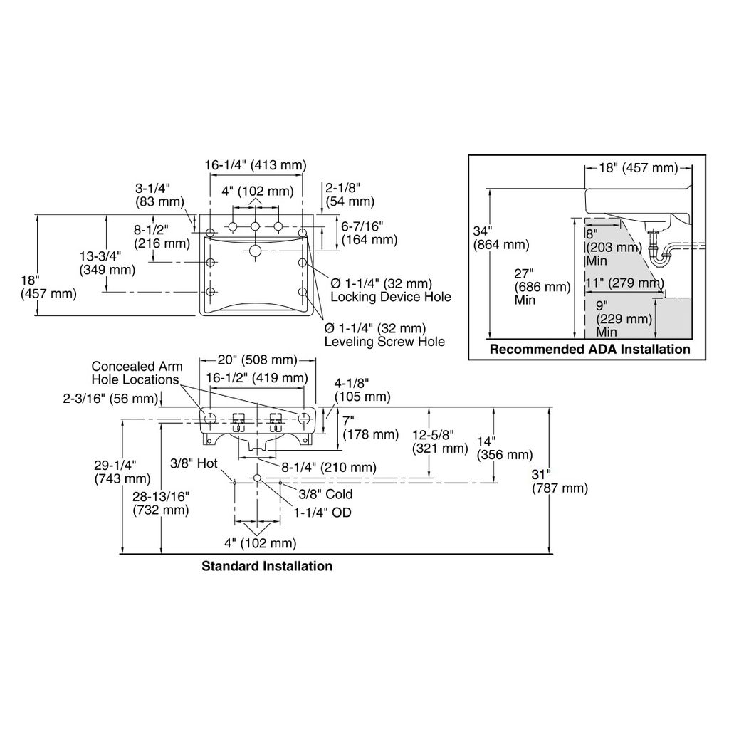 Kohler 2053-7 Soho 20 X 18 Wall-Mount/Concealed Arm Carrier Bathroom Sink With 8 Widespread Faucet Holes 2