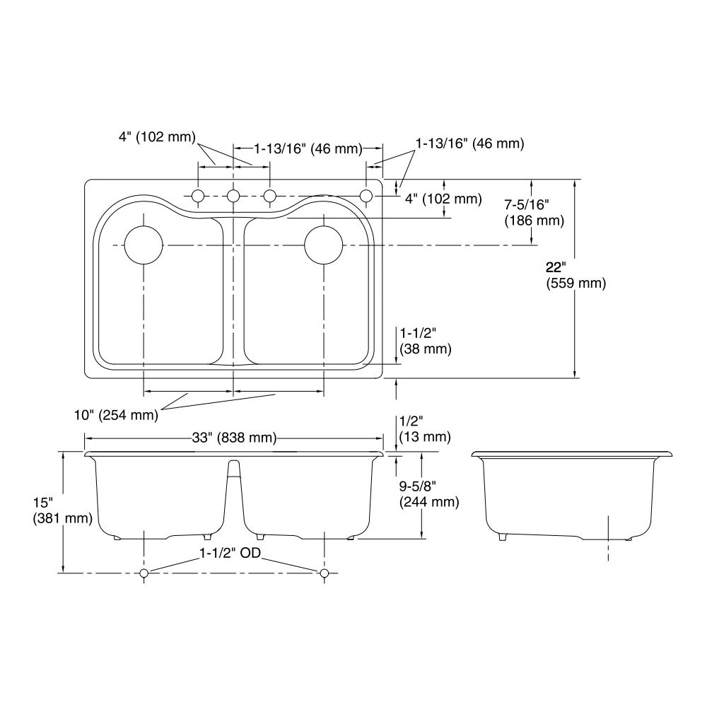 Kohler 5818-4-7 Hartland 33 X 22 X 9-5/8 Top-Mount Double-Equal Kitchen Sink With 4 Faucet Holes 2