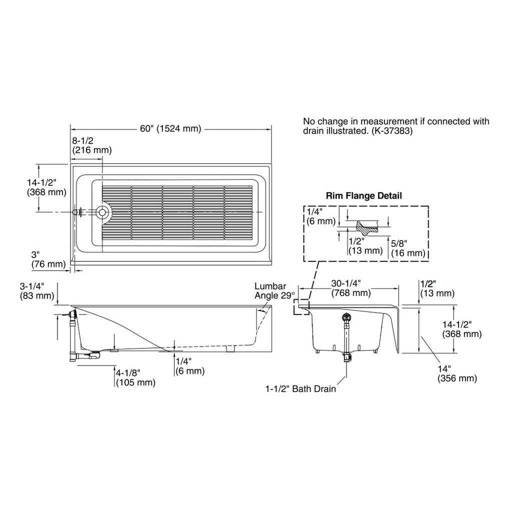 Kohler 837-0 Bellwether 60 X 30 Alcove Bath With Integral Apron And Left-Hand Drain 2