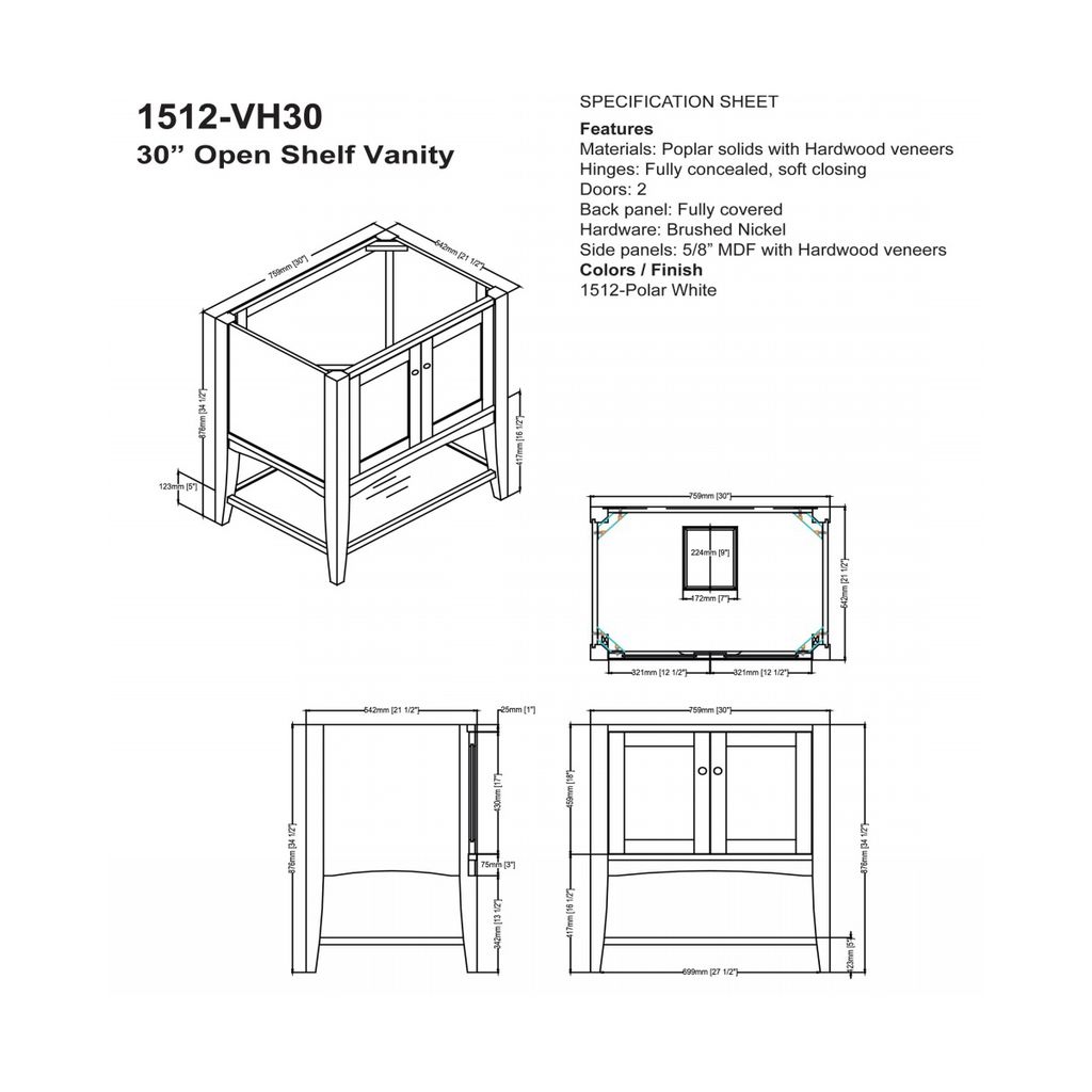 Fairmont Designs 1512-VH30 Shaker Americana 30&quot; Vanity Open Shelf Polar White 2