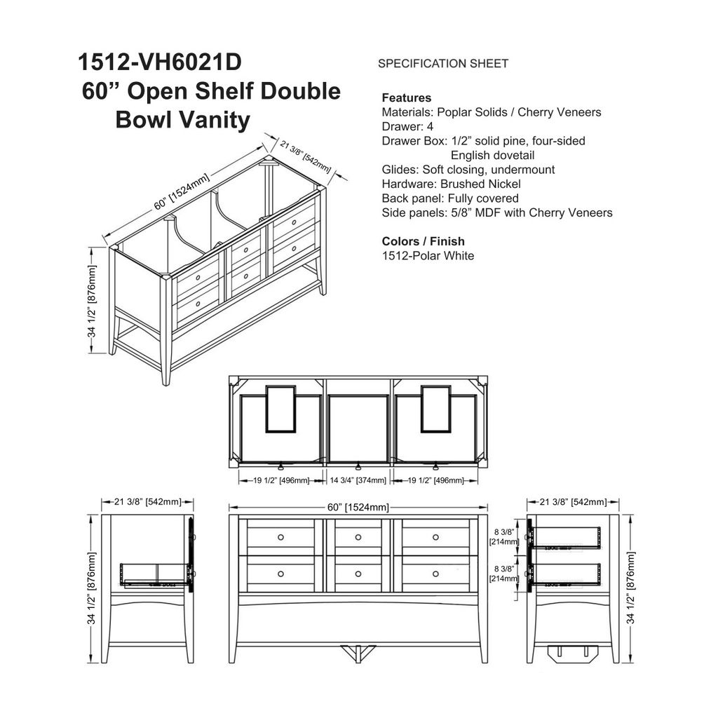 Fairmont Designs 1512-VH6021D Shaker Americana 60&quot; Double Bowl Vanity Open Shelf Polar White 2