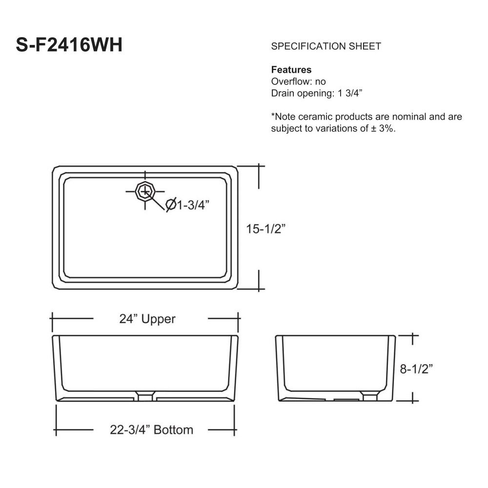 Fairmont Designs S-F2416WH 24x16&quot; Fireclay Apron Sink White 2