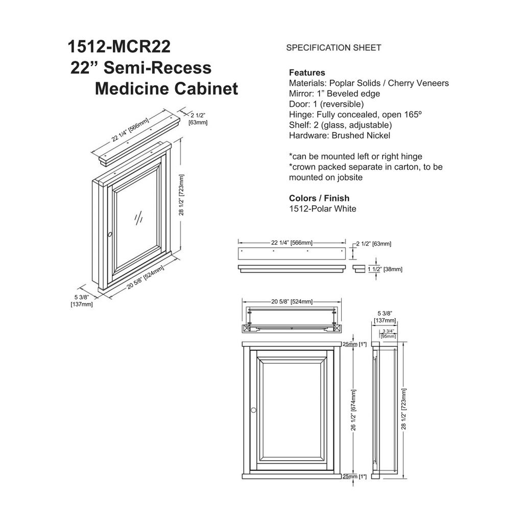 Fairmont Designs 1512-MCR22 Shaker Americana 22&quot; Semi-recess Medicine Cabinet Polar White 2