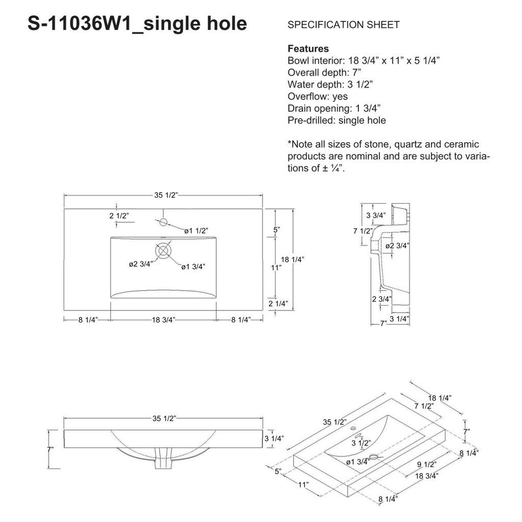 Fairmont Designs S-11036W1 36x18&quot; Ceramic Sink Single Hole White 2