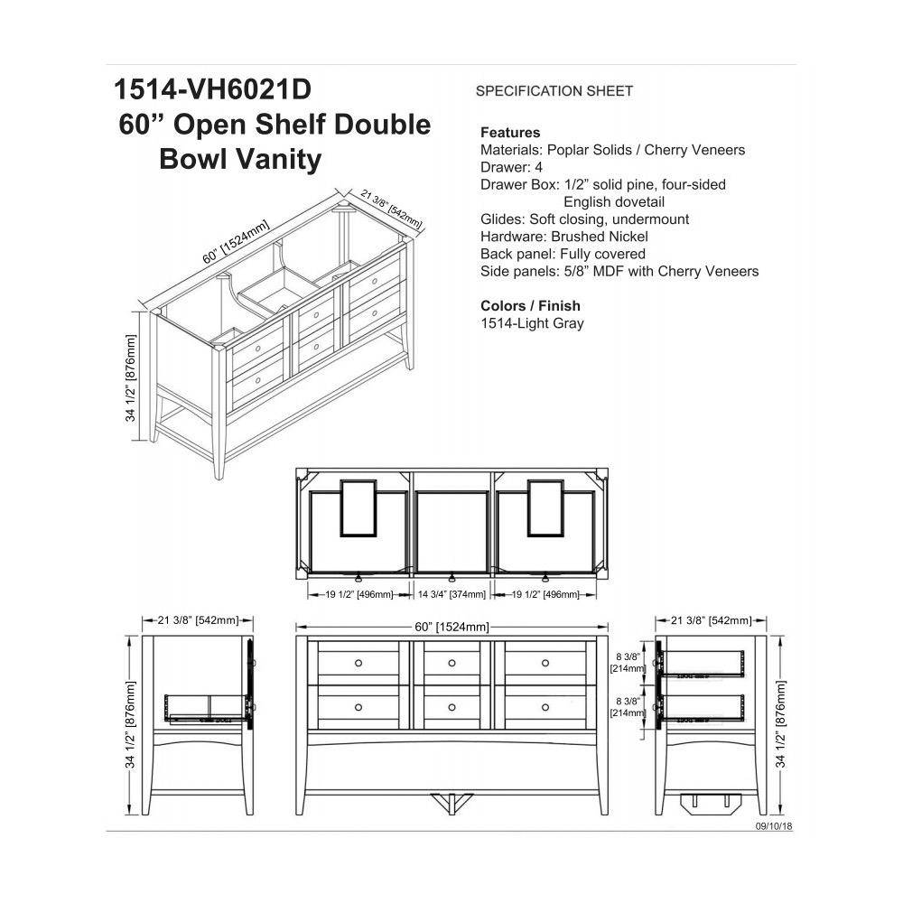 Fairmont Designs 1514-VH6021D Shaker Americana 60&quot; Double Bowl Open Shelf Vanity Light Gray 2