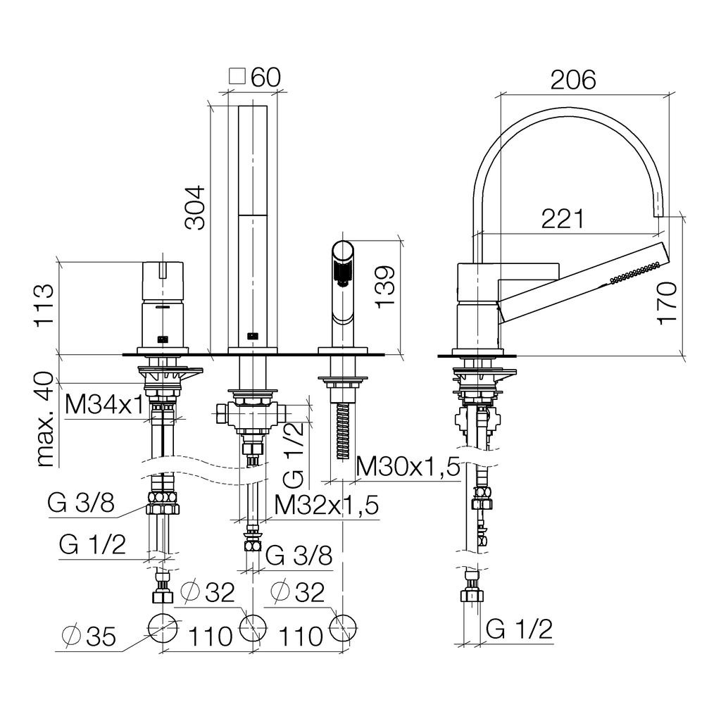Dornbracht 27412782 Mem Three Hole Tub Set With Hand Shower Set Platinum 2