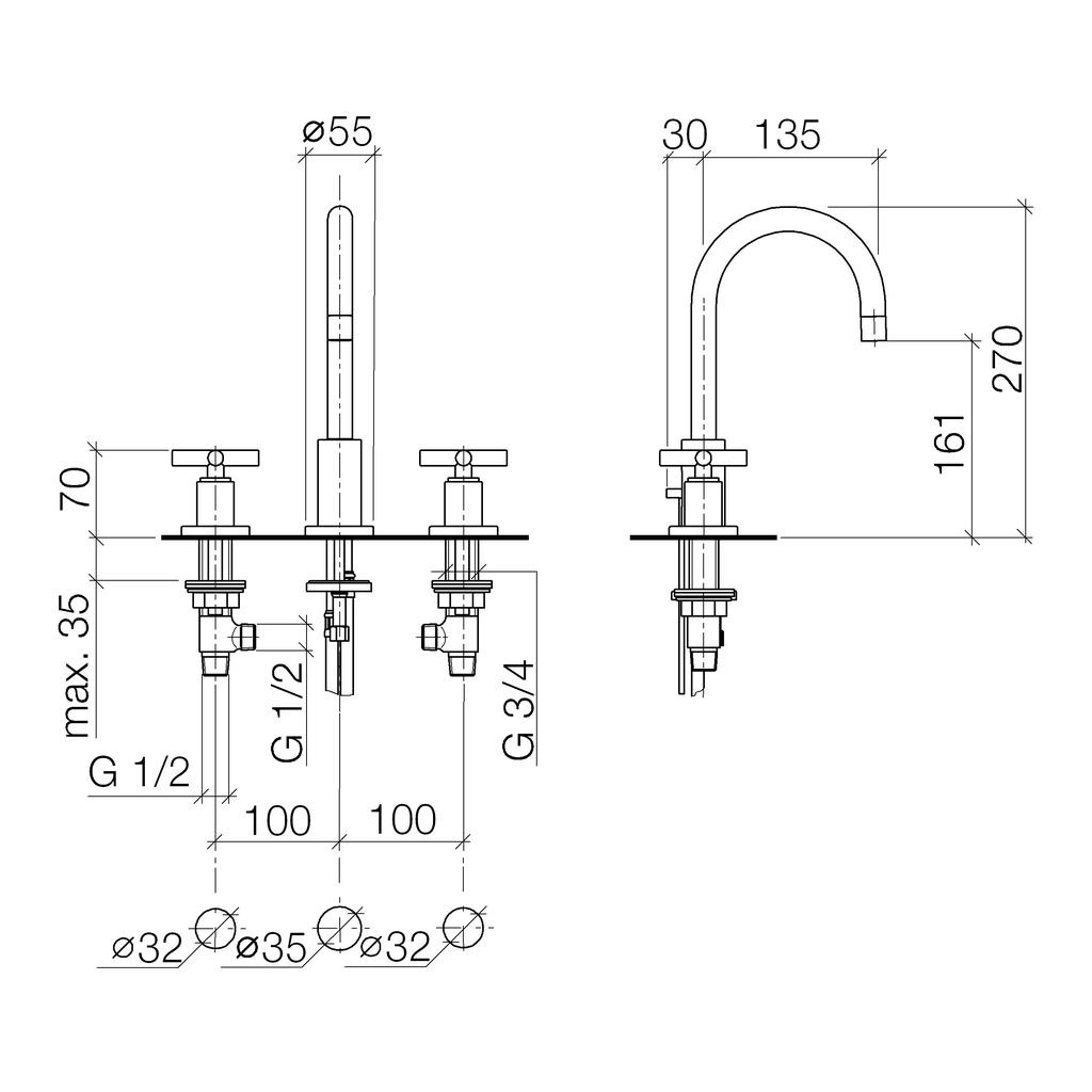 Dornbracht 20710892 Tara Three Hole Lavatory Faucet Platinum Matte 2