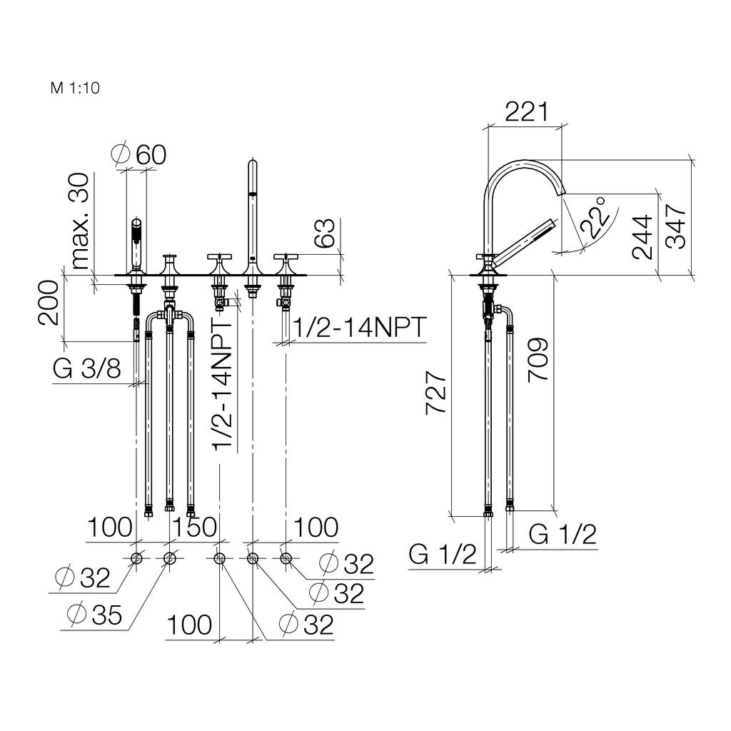 Dornbracht 27522809 Vaia Five Hole Tub Set With Hand Shower Set Dark Platinum Matte 2