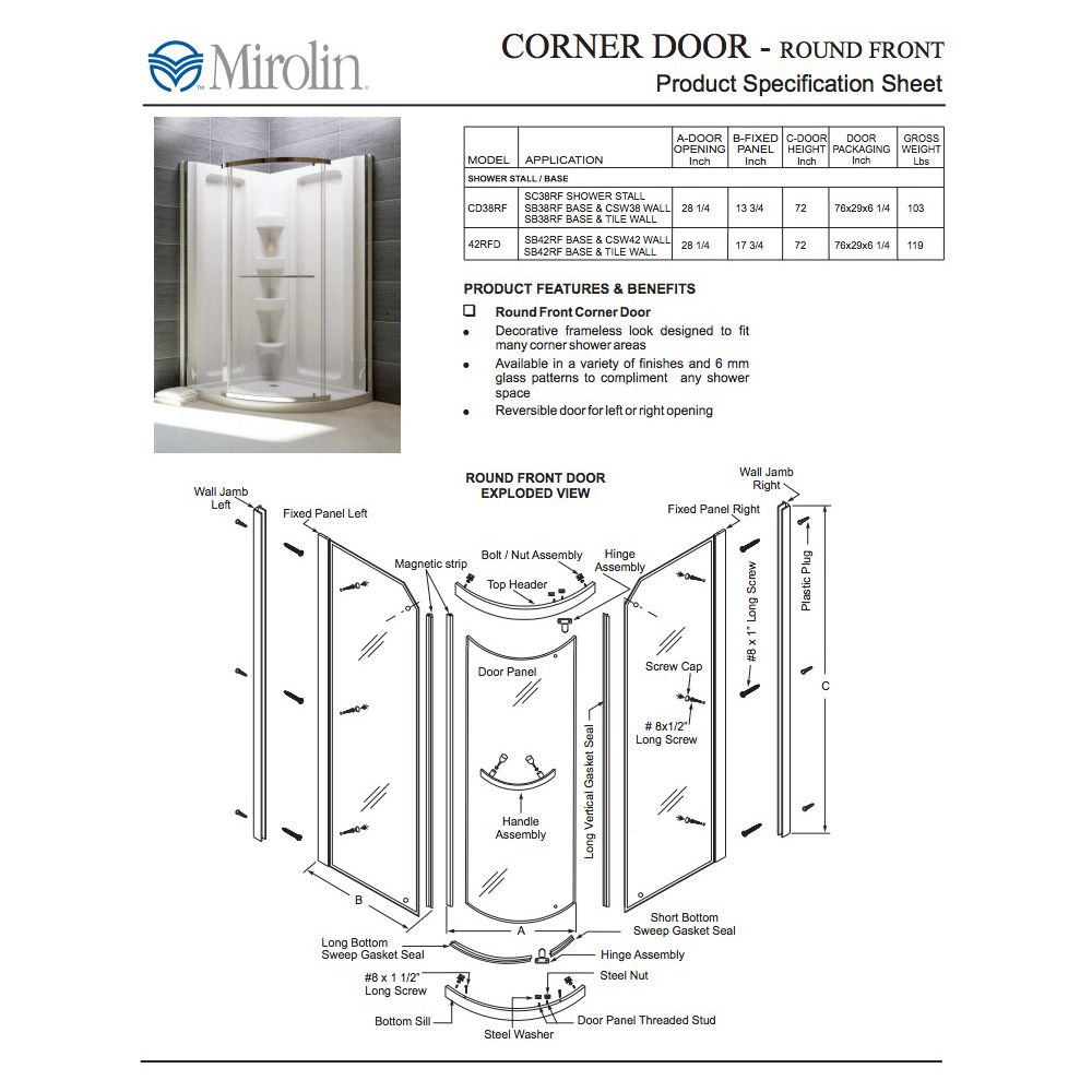 Mirolin CD38RFPS Corner 38&quot; Round Front Door Plain Silver 2
