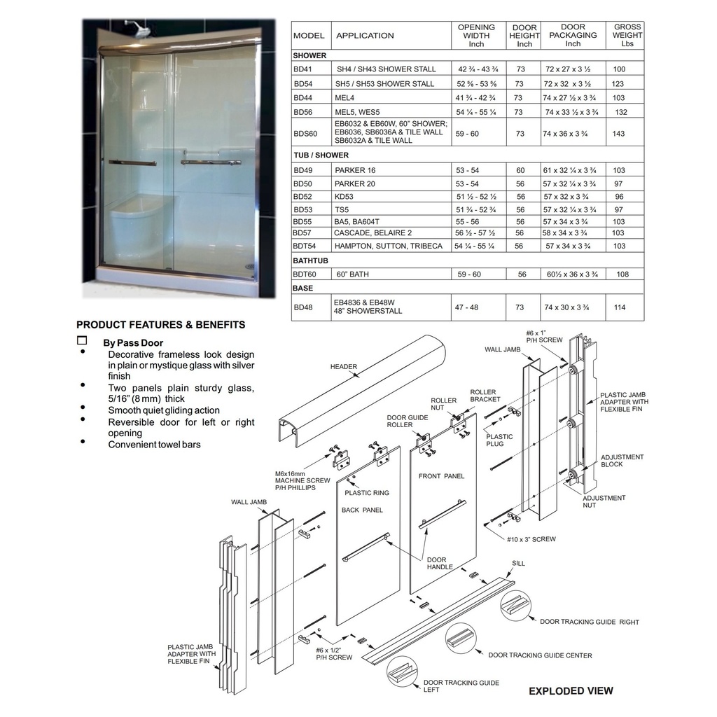 Mirolin BD48 Bypass Shower Door Plain Silver 1