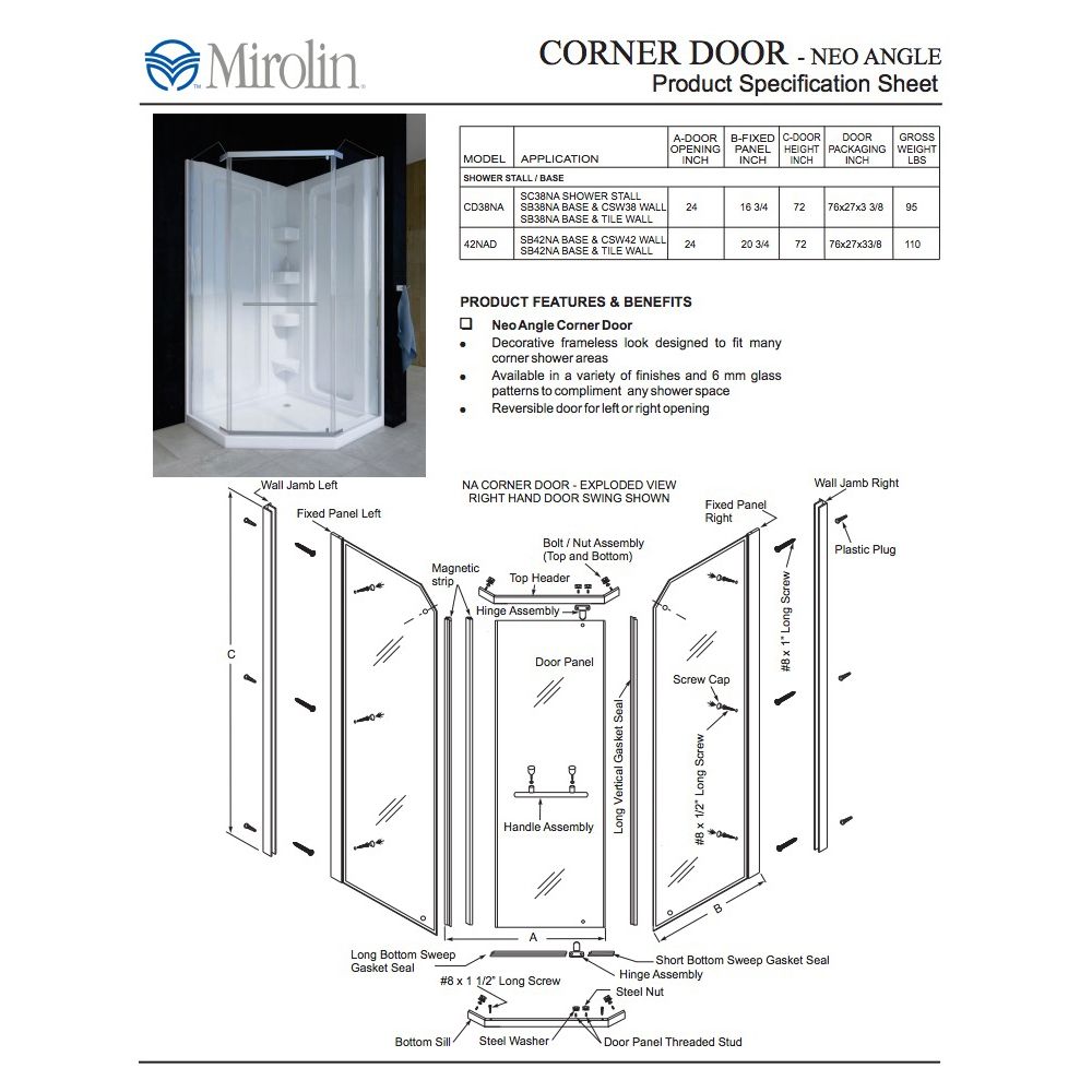 Mirolin CD38NARS Corner 38" Neo Angle Door Raindrop Silver 3