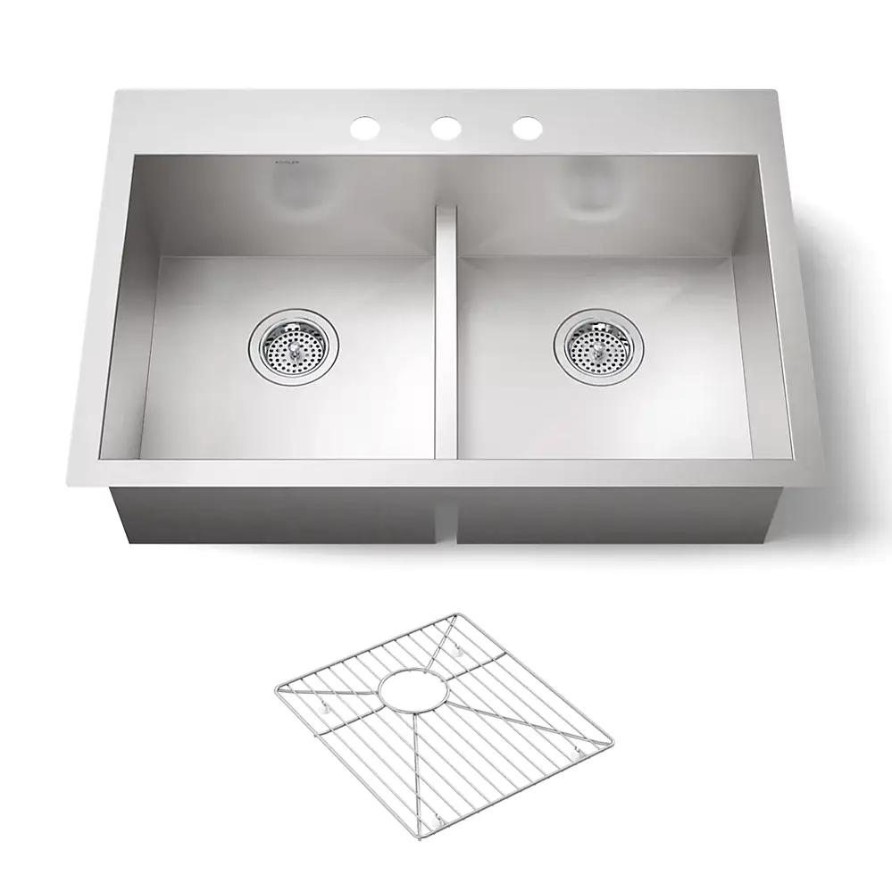 Kohler K3838 Vault 33 x 22 Smart Divide Double Equal Kitchen Sink 3 Faucet Holes