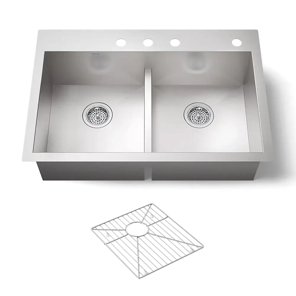 Kohler K3838 Vault 33 x 22 Smart Divide Double Equal Kitchen Sink 4 Faucet Holes