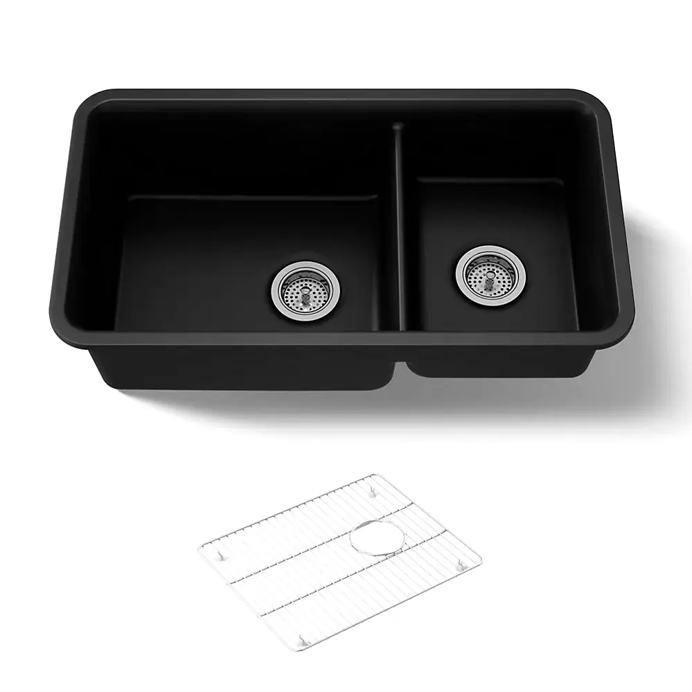 Kohler 8204-CM1 Cairn 33-1/2 X 18-5/16 X 9-1/2 Neoroc Under-Mount Large/Medium Double-Bowl Kitchen Sink With Sink Rack