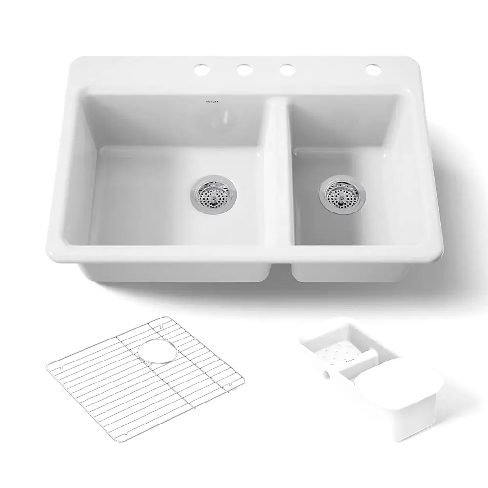 Kohler 8669-4A2-0 Riverby 33" Double Bowl Workstation Kitchen Sink White