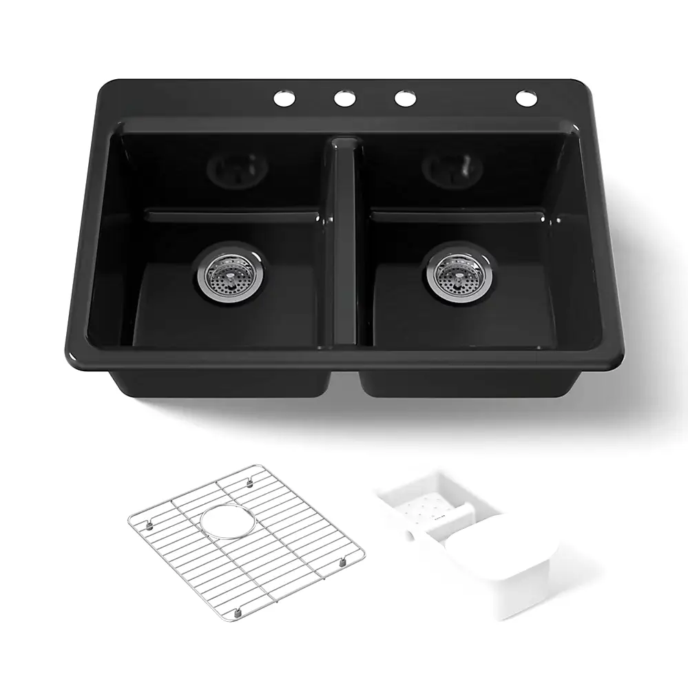 Kohler 8679-4A2-7 Riverby 33" Double Bowl Workstation Kitchen Sink Black