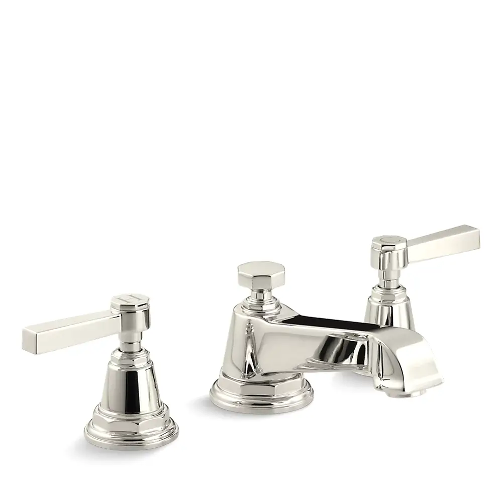 Kohler 13132-4A-SN Pinstripe Pure Widespread Bathroom Sink Faucet Lever Handles Vibrant Polished Nickel