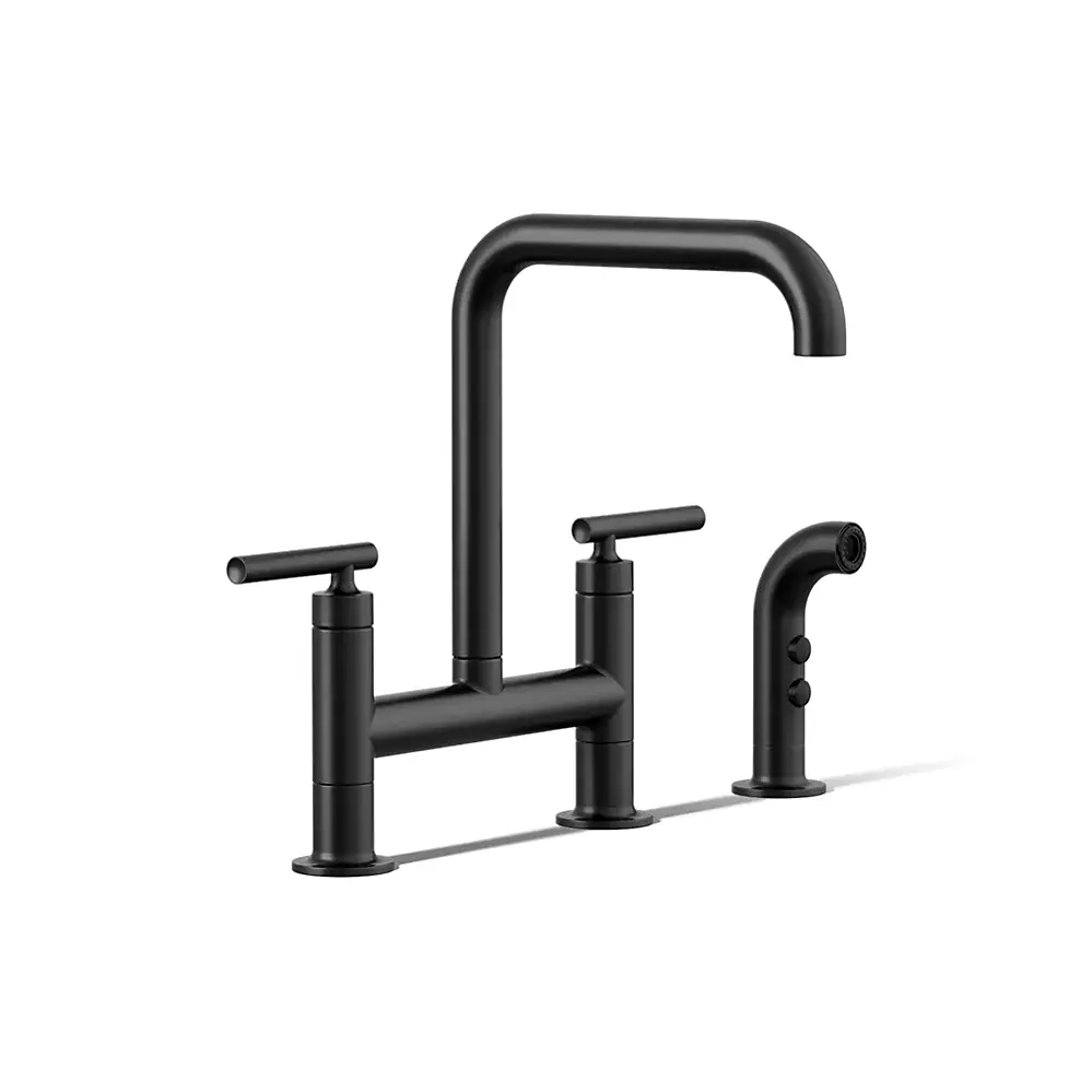 Kohler 7548-4-BL Purist Two Hole Bridge Kitchen Faucet Matte Black