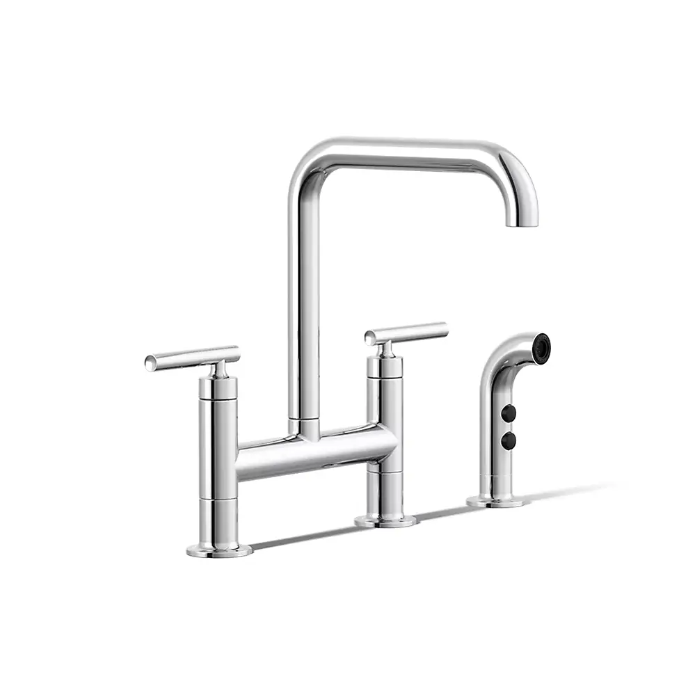 Kohler 7548-4-CP Purist Two Hole Bridge Kitchen Faucet Polished Chrome