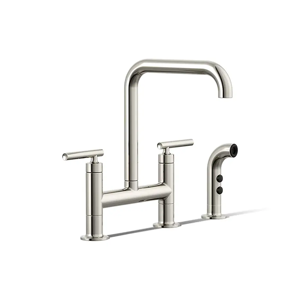 Kohler 7548-4-SN Purist Two Hole Bridge Kitchen Faucet Vibrant Polished Nickel