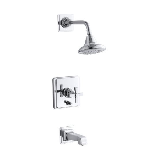 Kohler T13133-3A-CP Pinstripe Pure Rite-Temp Pressure-Balancing Bath And Shower Faucet Trim With Cross Handle