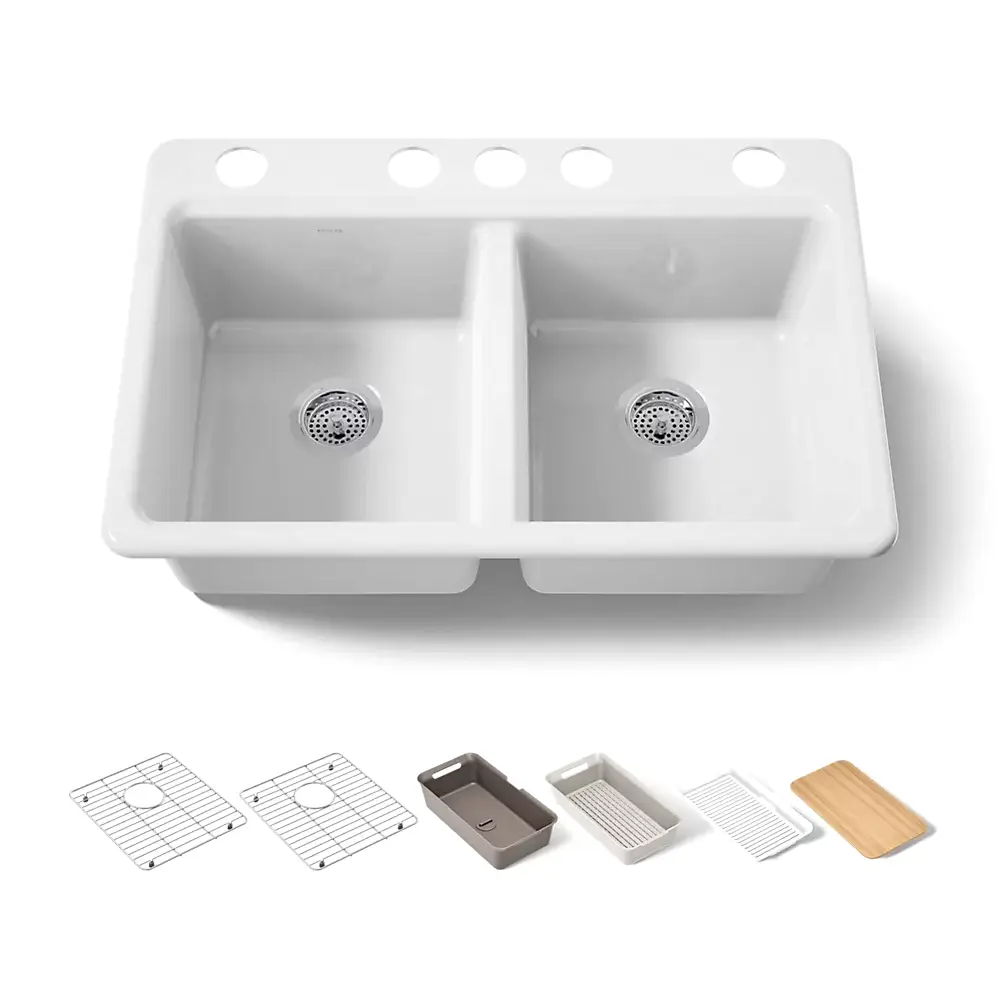 Kohler 8679-5UPC-0 Riverby 33" Double Bowl Workstation Kitchen Sink White
