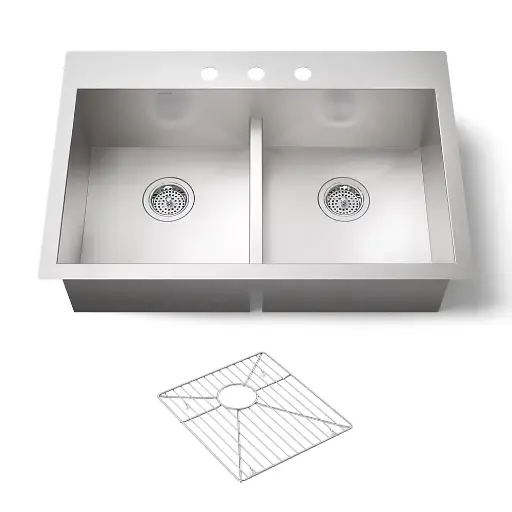 [KOH-3838-3-NA] Kohler K3838 Vault 33 x 22 Smart Divide Double Equal Kitchen Sink 3 Faucet Holes